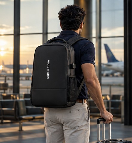 Traveller with DEIN KLEIDER backpack at the airport