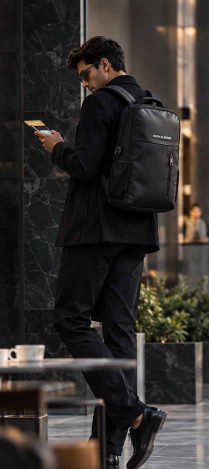 Executive checking phone with DEIN KLEIDER backpack