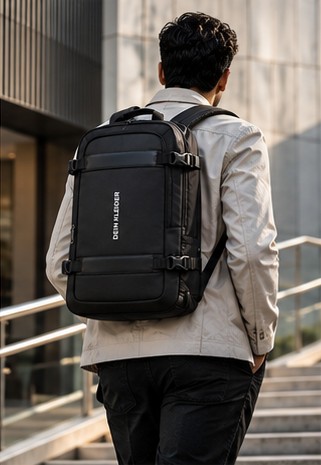 Commuter with DEIN KLEIDER backpack on office steps
