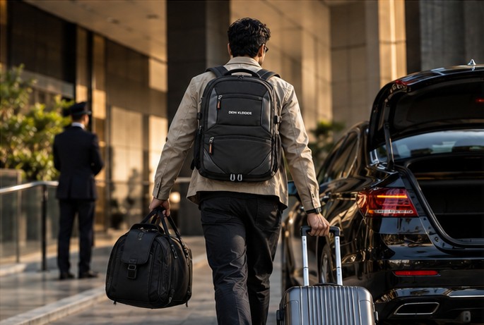 Business traveller with DEIN KLEIDER bags heading to a car