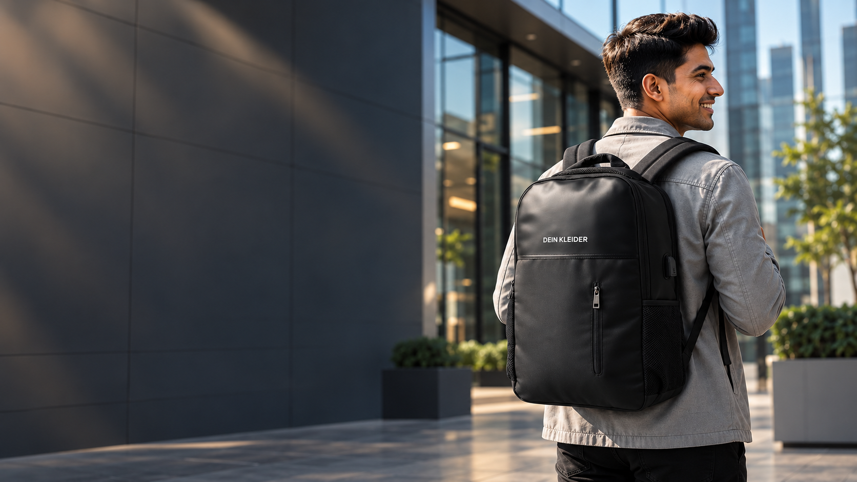 Professional carrying a branded DEIN KLEIDER backpack outside a corporate office
